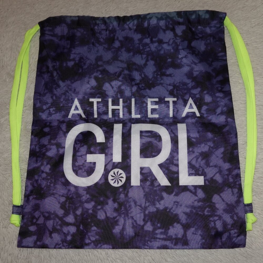 Athleta Girl Drawstring Backpack, 13.5" x 15.5", Blue Tie Dye Neon Yellow Straps